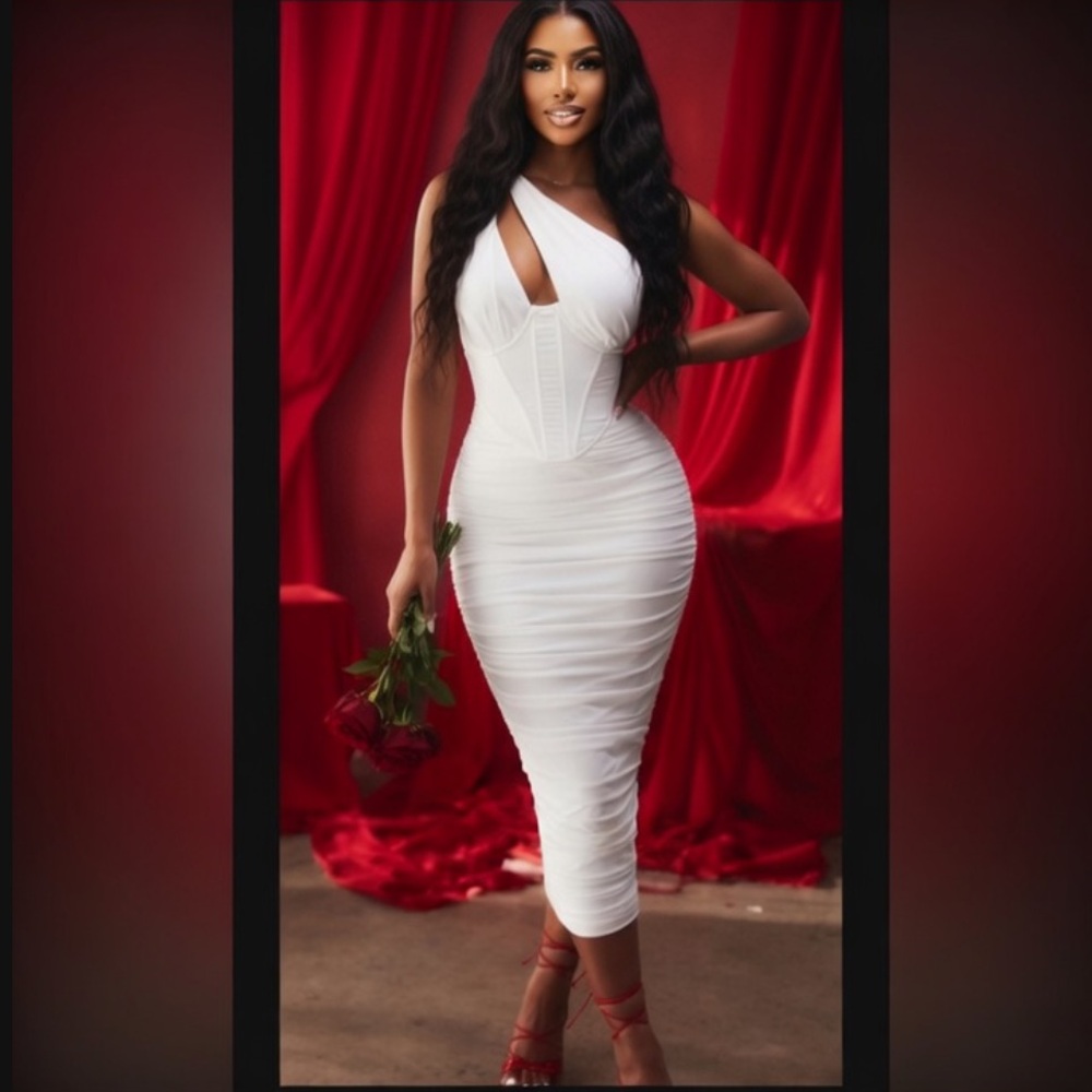 HOUSE OF CB 'Valentina' Ivory Asymmetric Cutout Midi Dress/sz Small US4-6 $256